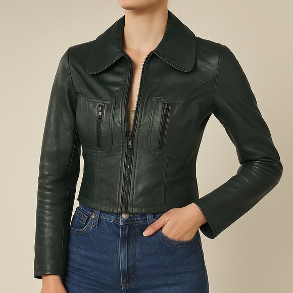Vintage Leather Zip Jacket Dark Green 70s moto boho Size X Small - Picture 1 of 7